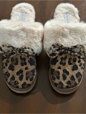 Gianni Bini Leopard Sequin & Cream Faux Fur Slip-On Slippers